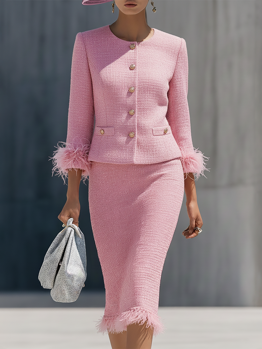Elegant Round-neck Single-breasted Tweed Jacket And Skirt Set