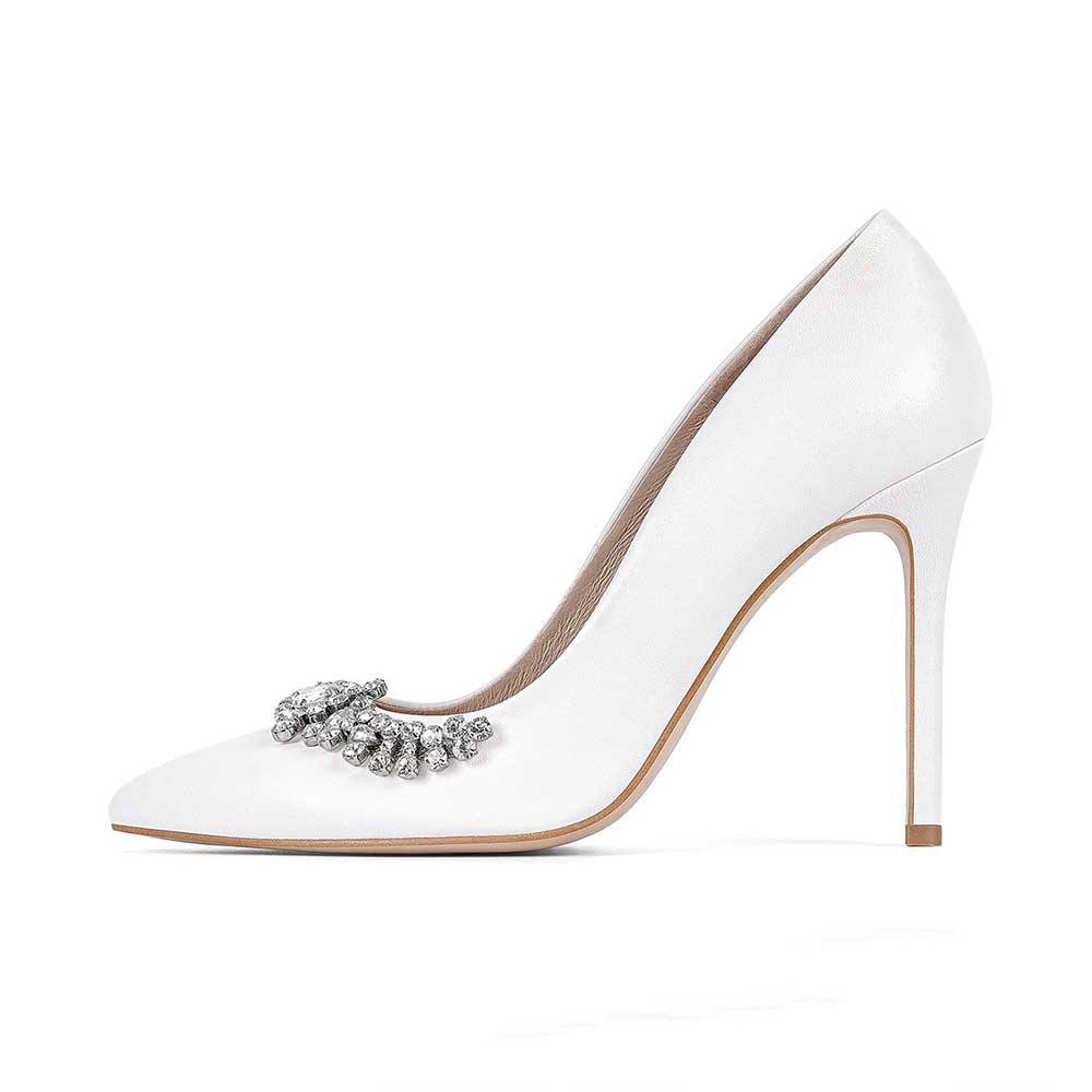 Elegant White Pointed Toe Rhinestone Stiletto Heel Wedding Pumps Shoes