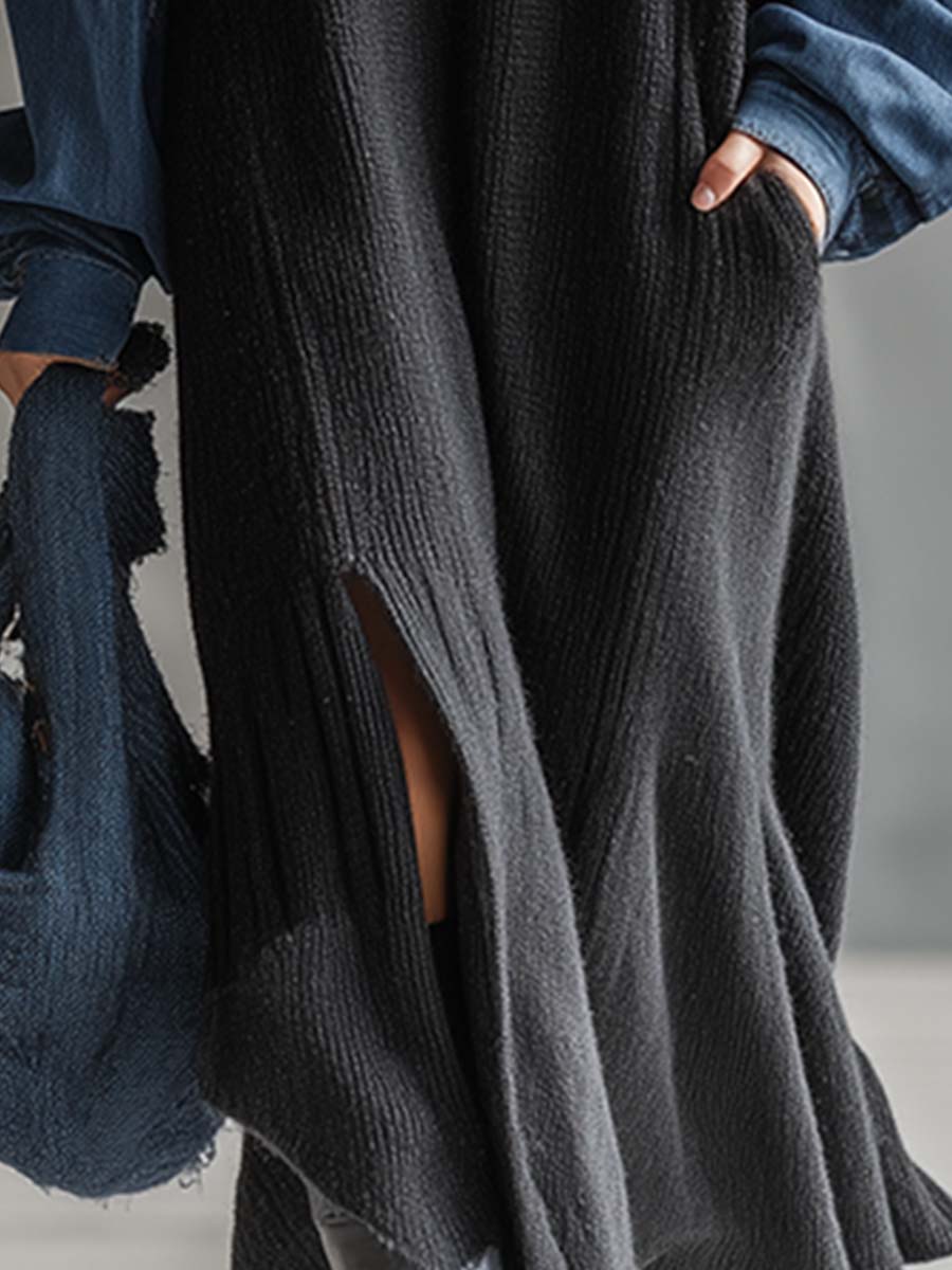 Fashionable Casual Black Knitted Denim Trim Maxi Dress