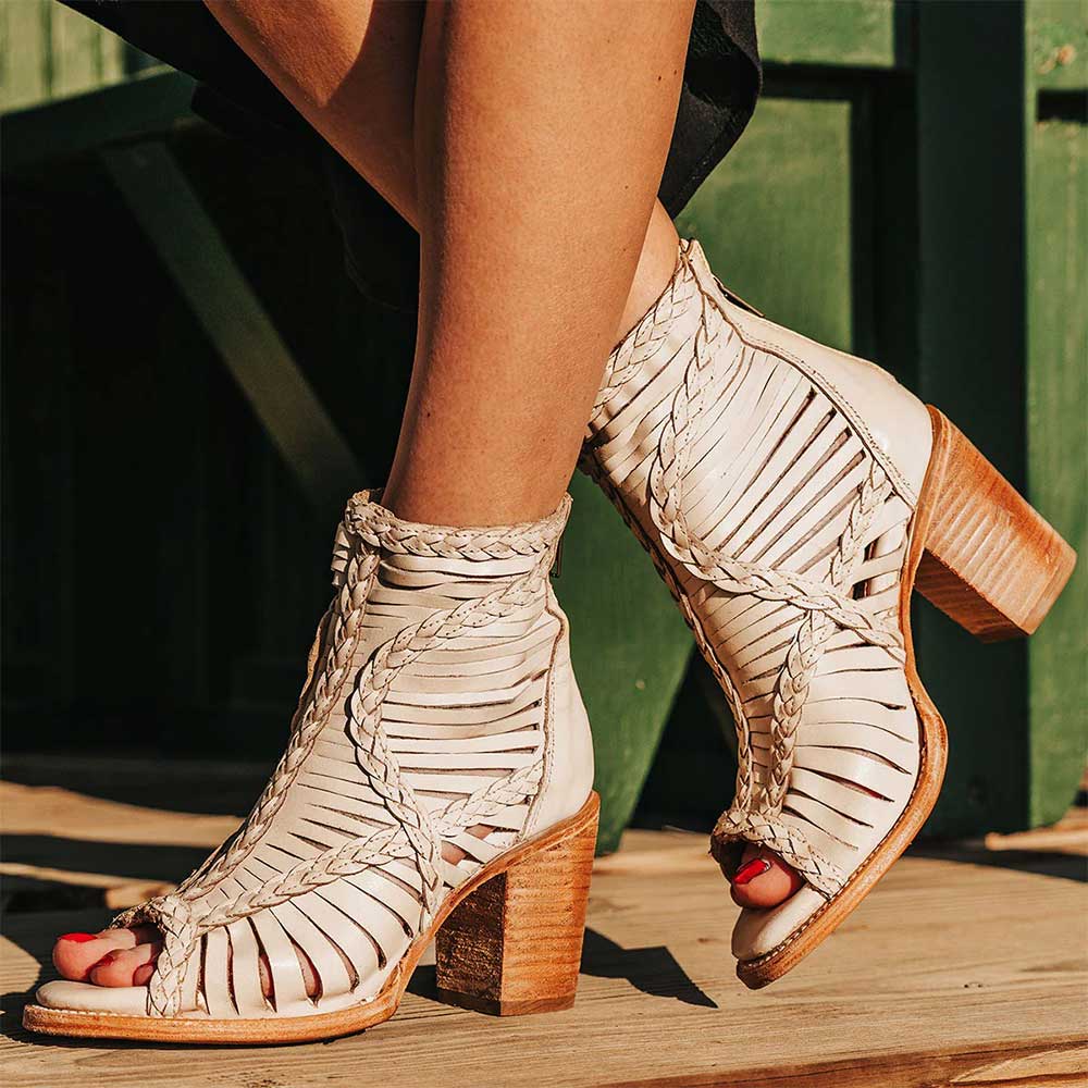 Beige Braided Hollow-Out Peep Toe Chunky Heel Ankle Boots with Zipper