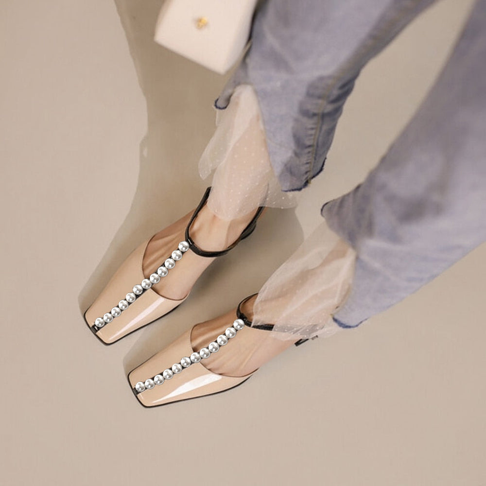Beige & Black Patent Leather Square Toe Block Heel T-Strap Pumps
