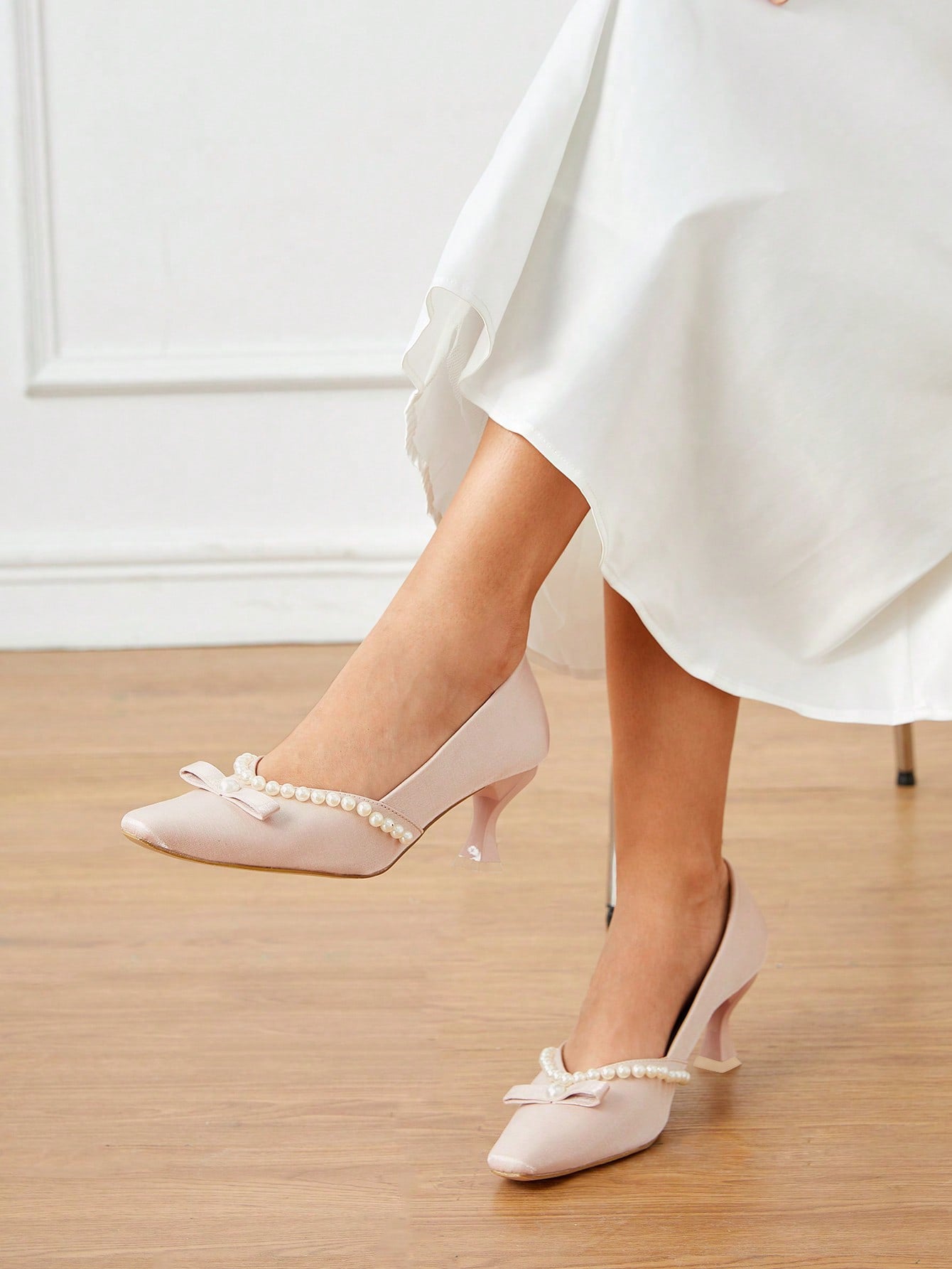 Beige Satin Closed Toe Kitten Heel Pearl Pumps