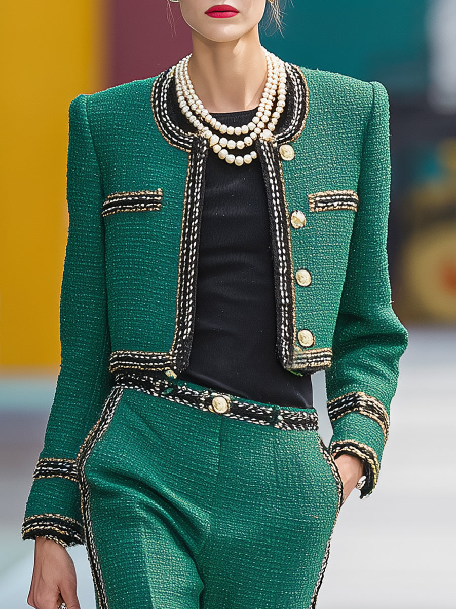 Elegant And Exquisite Green Tweed Short Jacket And Trousers Set