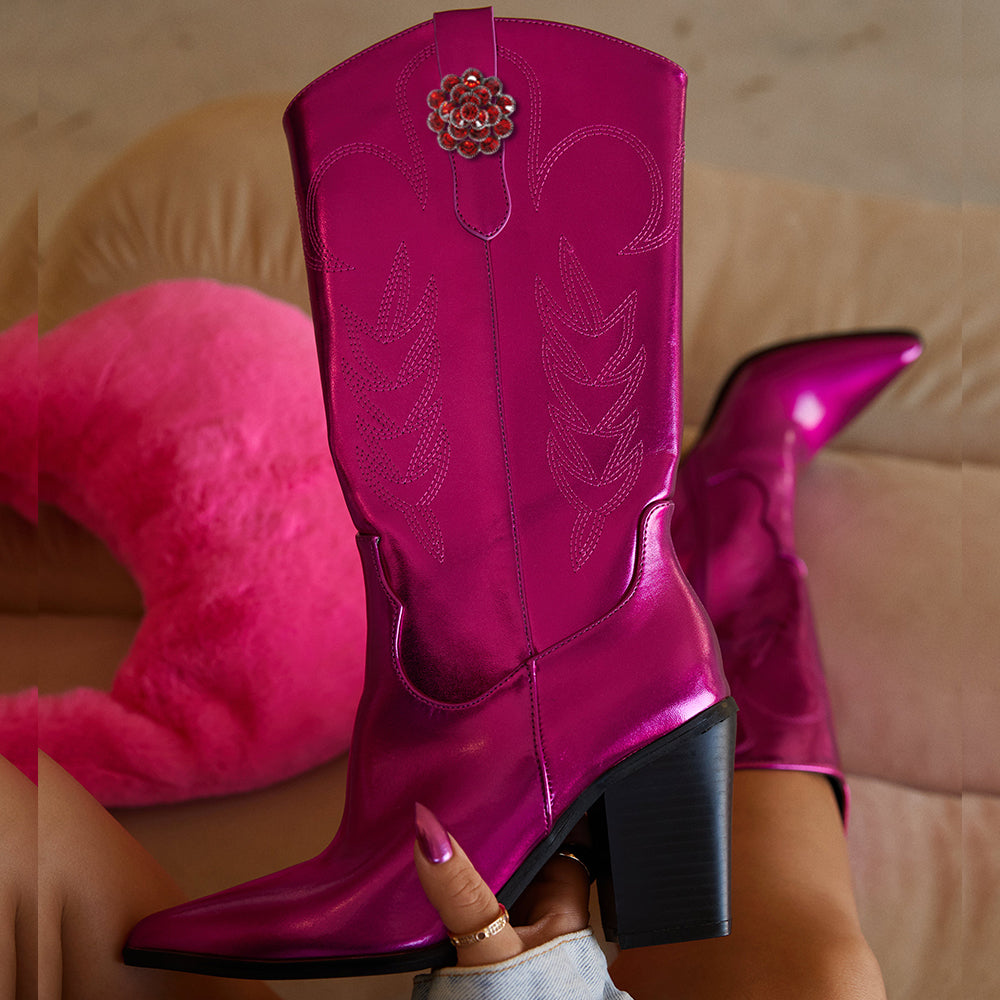 Fuchsia Metallic Finish Pointed Toe Heeled Cowgirl Boots with Flower