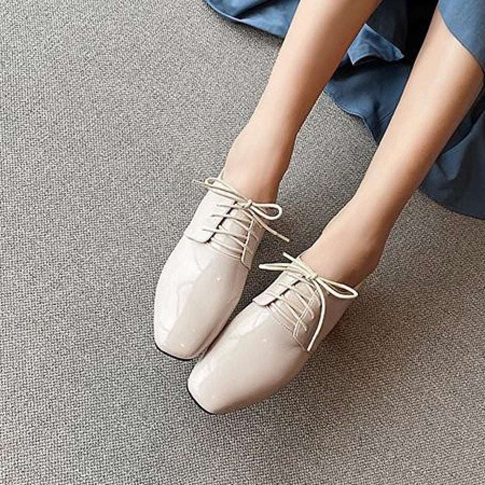 Beige Patent Leather Square Toe Decorative Heel Lace Up Oxford Shoes