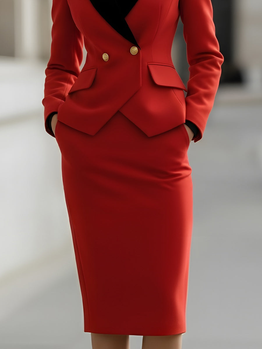 Elegant Tailored Blazer And Skirt Suit Set With Contrast Lapel