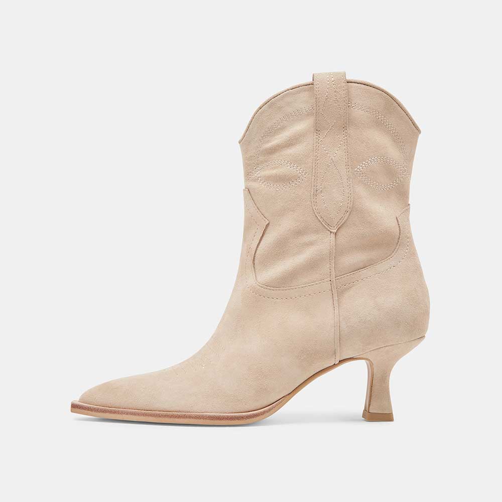 Beige Pointed Toe Kitten Heel Pull Tab Ankle Boots with Stitching