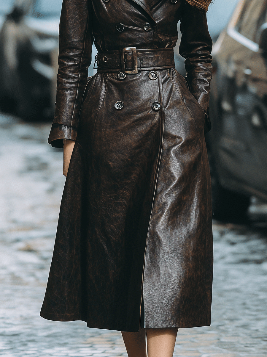 Dark Brown Belted Faux Leather Trench Coat With Shearling Collar