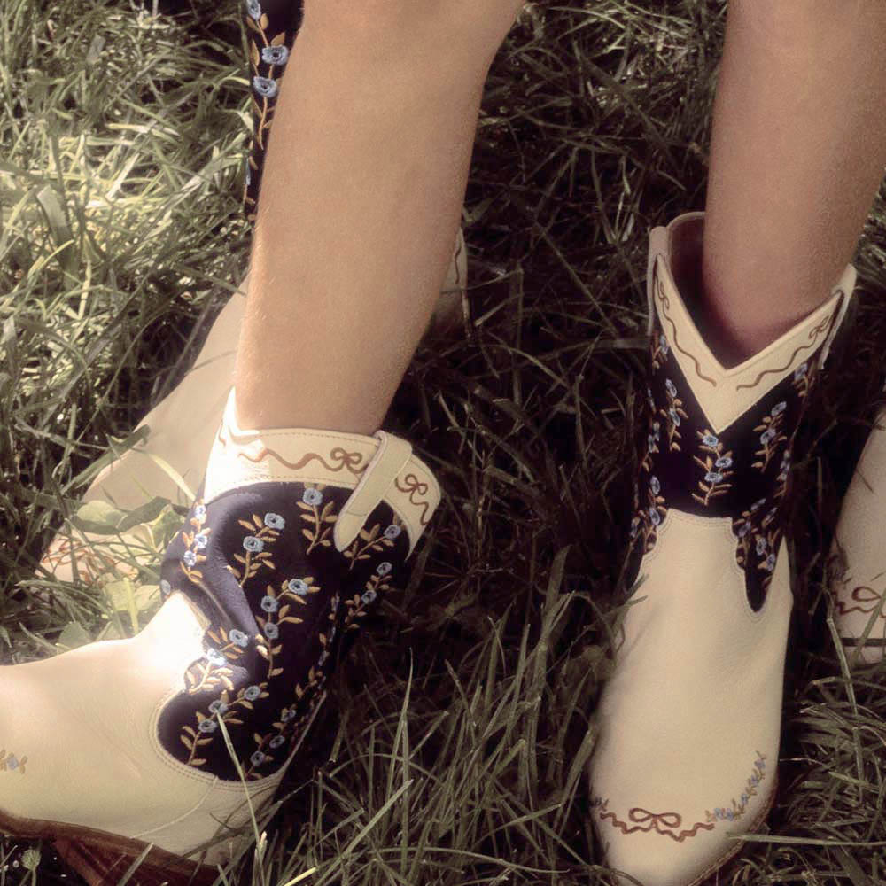 Beige and Navy Flower Embroidered Snip Toe Short Cowgirl Boots