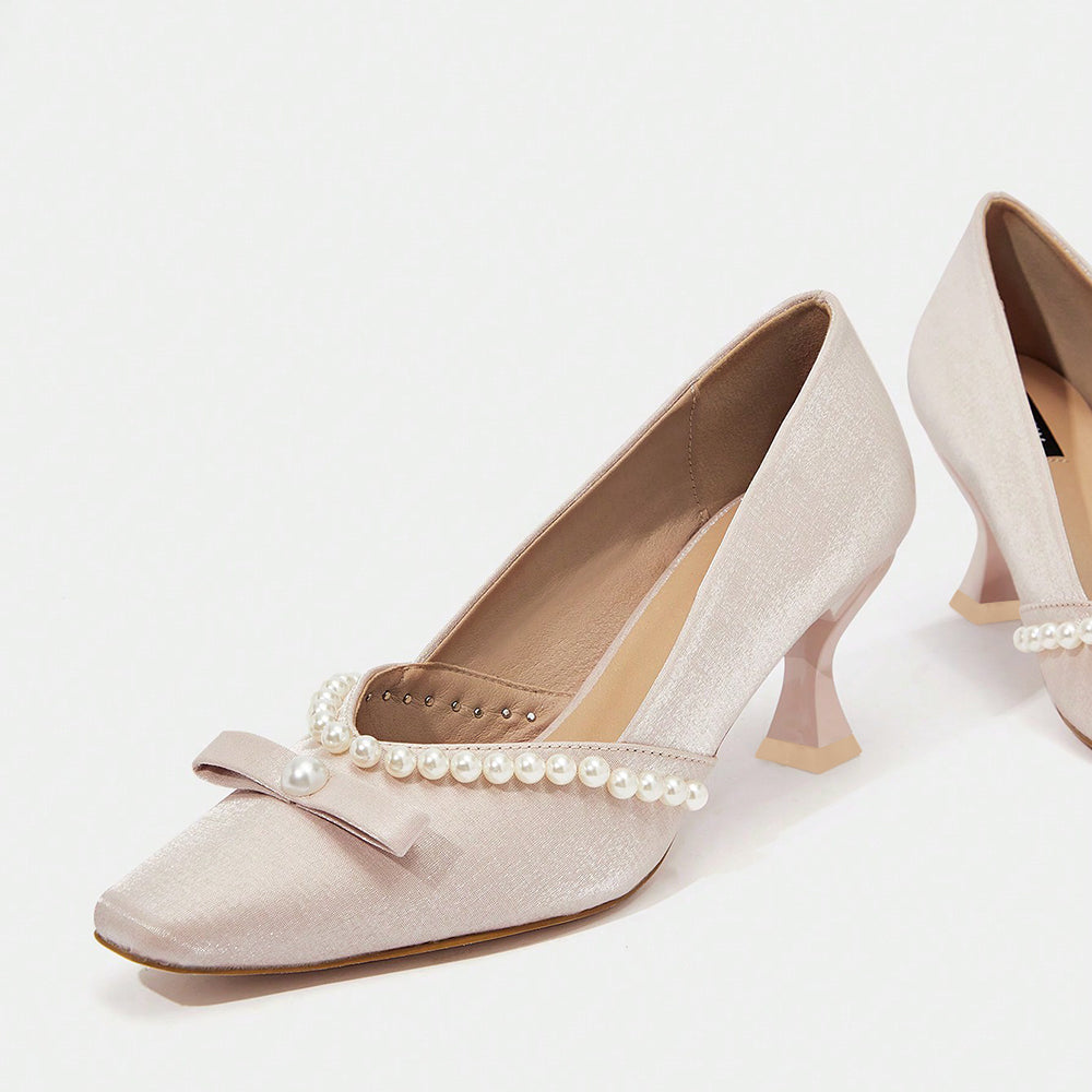 Beige Satin Closed Toe Kitten Heel Pearl Pumps