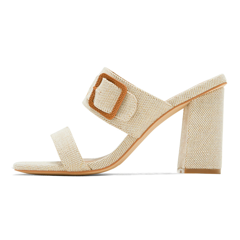Beige Square Toe 3'' Block Heel Wide Band Mules with Buckle