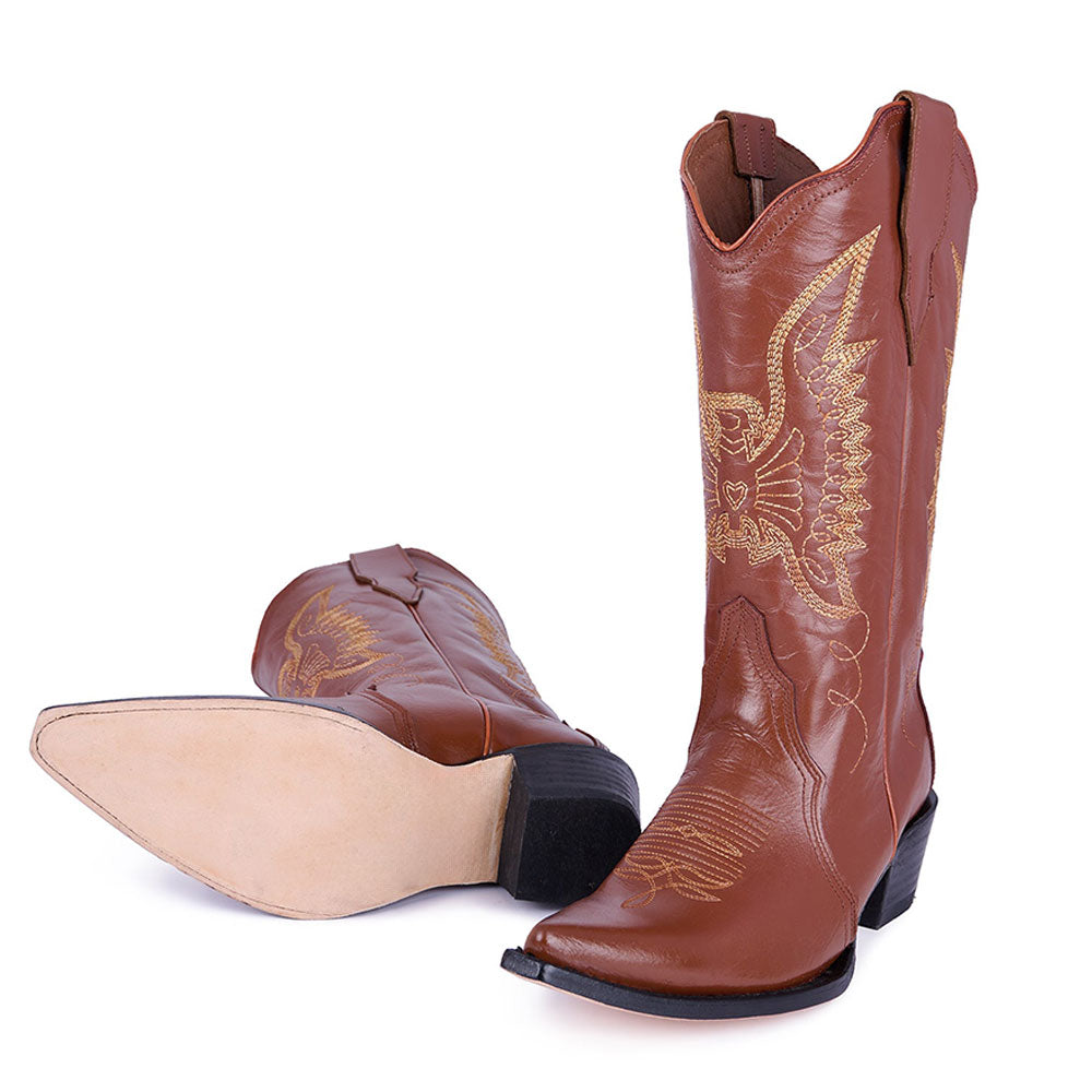 Embroidered Bird Mid-Calf Snip Toe Brown Cowgirl Boots for Women