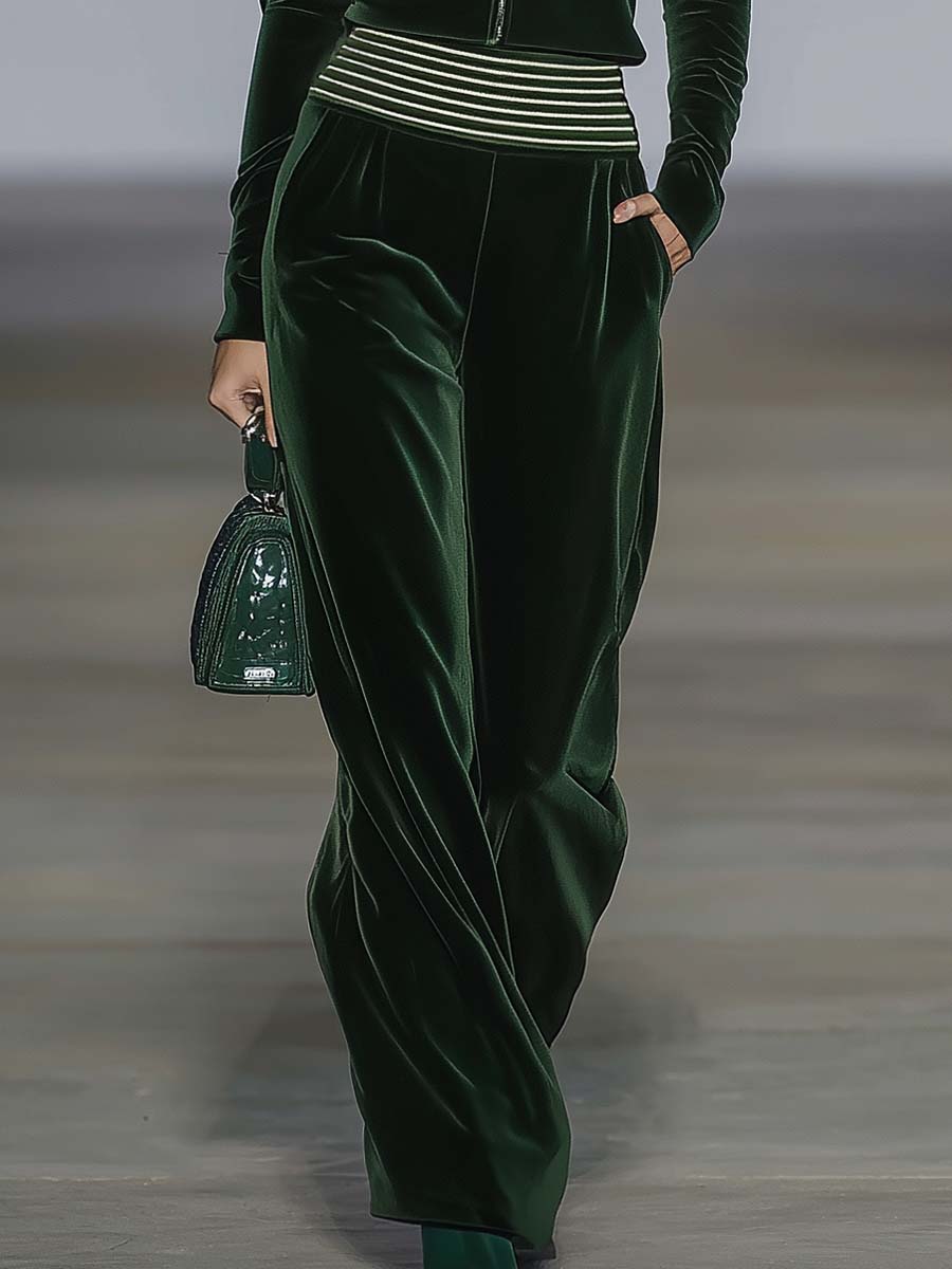 Elegant Retro Sporty Dark Green Velvet Hooded Front Zip Top And Pants Set