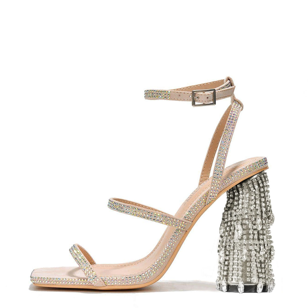 Beige Faux Suede Square Toe 4'' Decorative Heel Ankle Strap Sandals