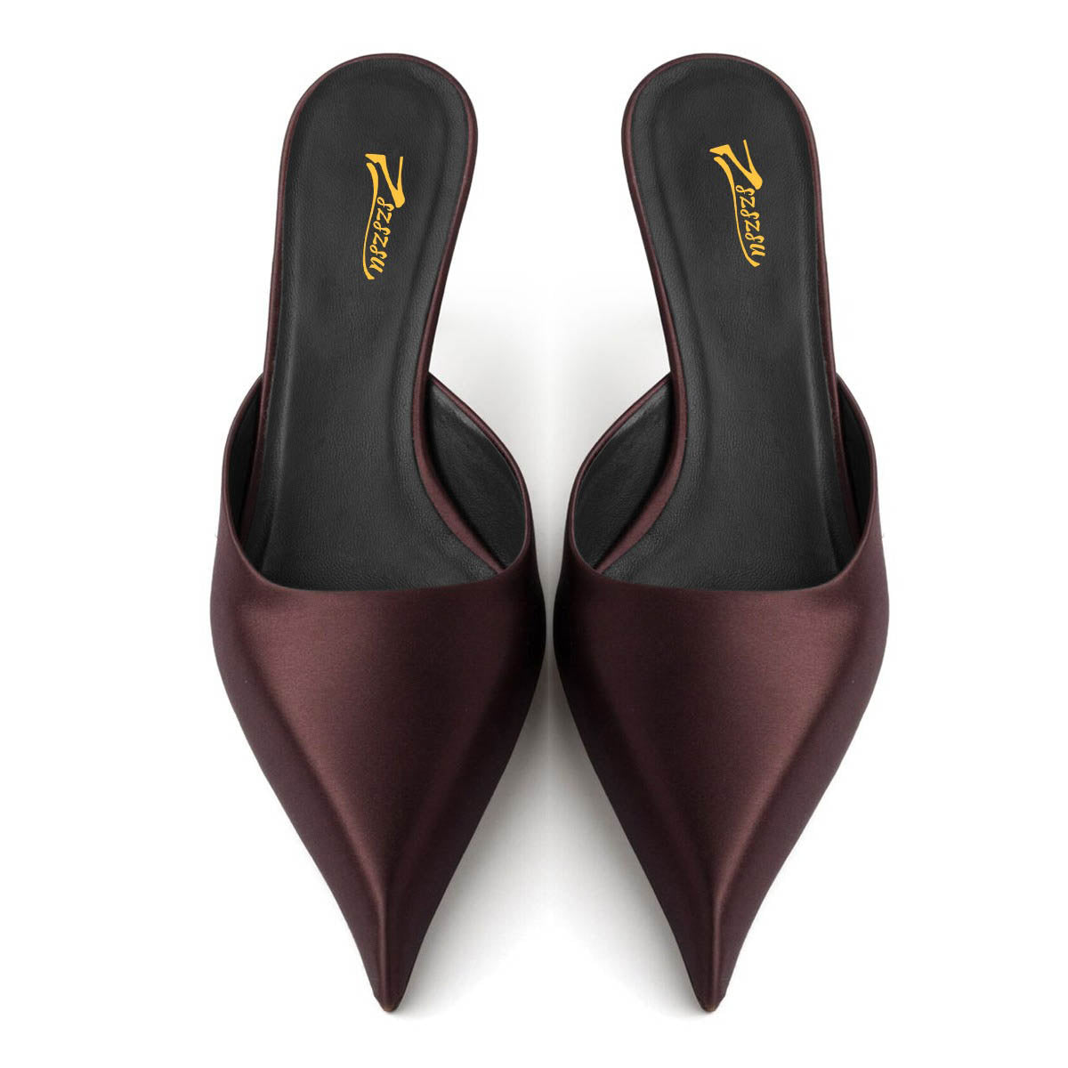 Dark Brown Satin Kitten Heel Pointed Toe Mule Shoes for Women