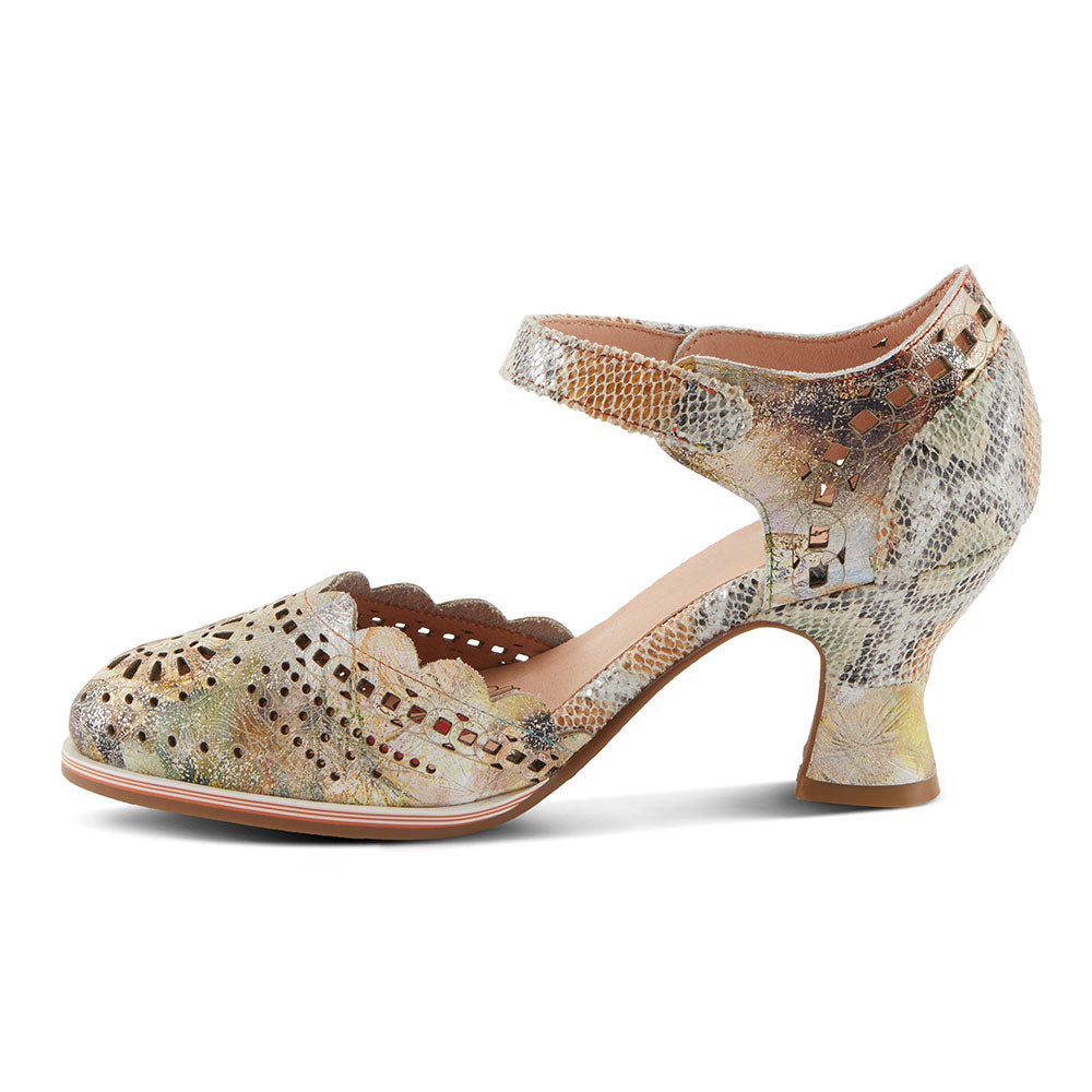 Beige Floral Print Round Toe Spool Heel Hollow-Out Pumps for Women