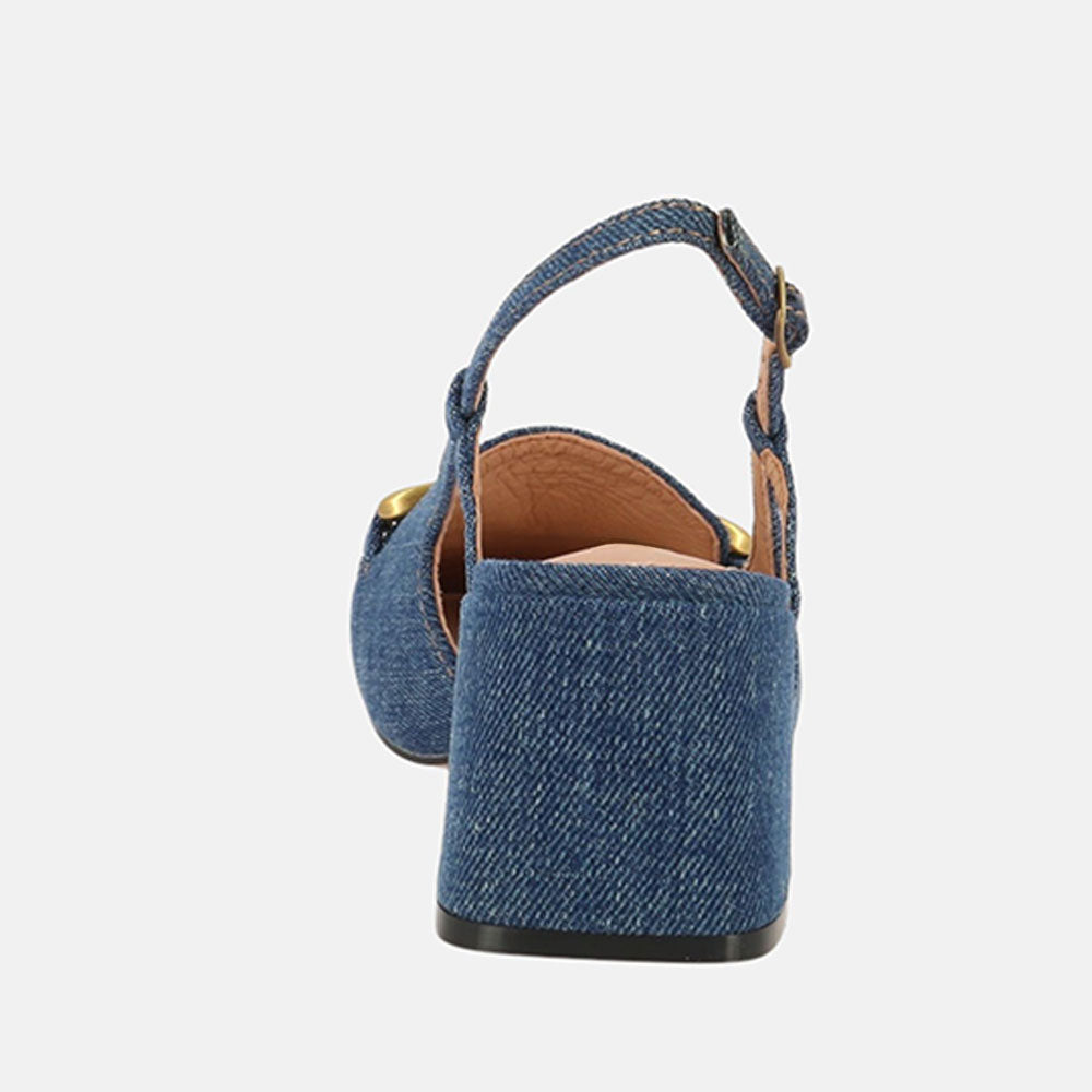 Denim Blue Closed Toe Block Heel Women's Slingback Pumps with Chain