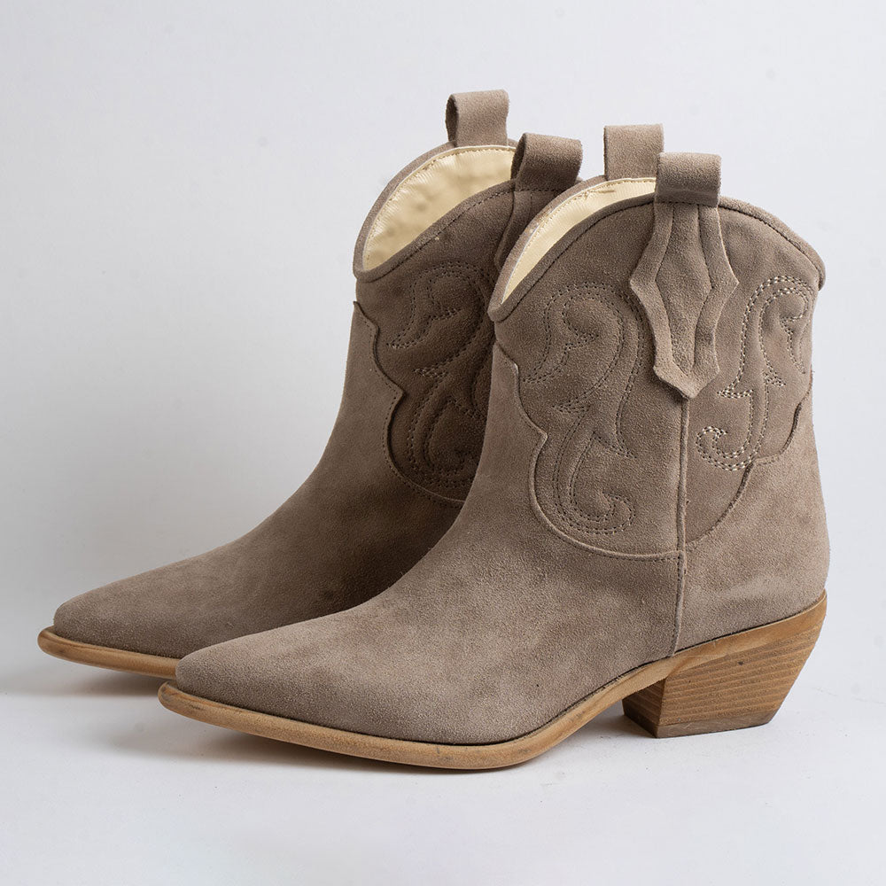 Embroidered Snip Toe Low Heel Taupe Ankle Cowgirl Booties for Women