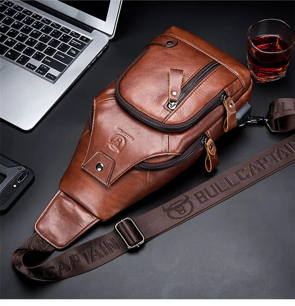 Genuine Leather Crossbody USB Bag