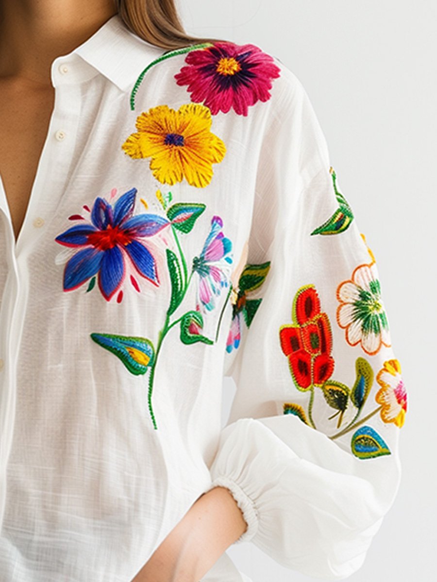 (clearance)White Embroidered Cotton and Linen Long Sleeve Blouse
