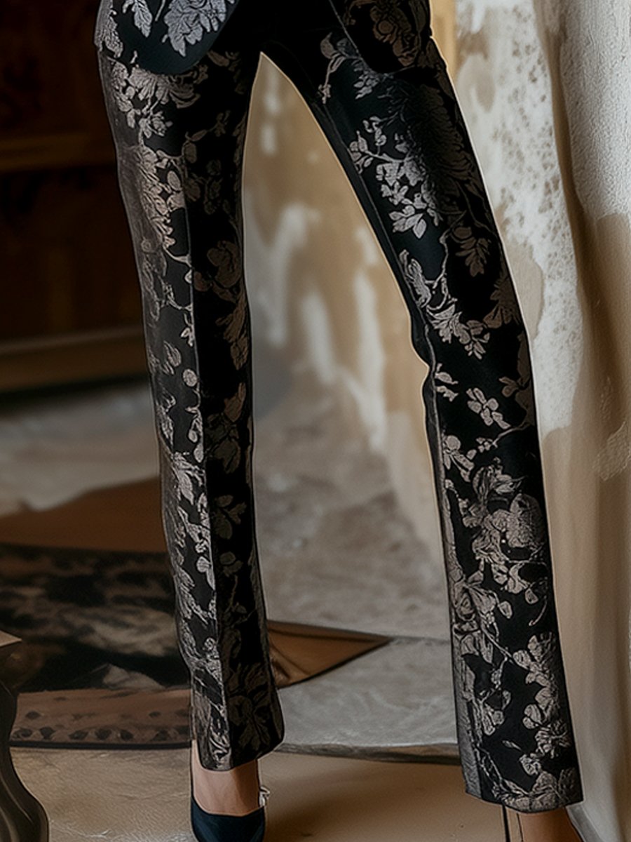 Elegant Black Satin Jacquard Suit with Floral Pattern