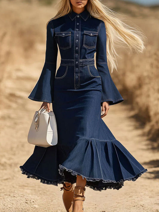 Fashion Retro Dark Blue Denim Flared Long-Sleeved Fishtail Midi Dress