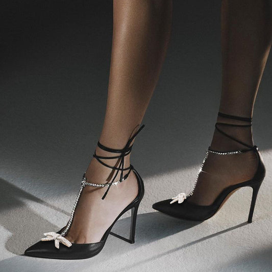 Elegant Black Pointed Toe Rhinestone T Strap Lace Up Stiletto Heels