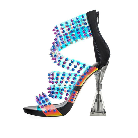 Embellishment Clear Open Toe  4'' Decorative Heel Studded Sandals
