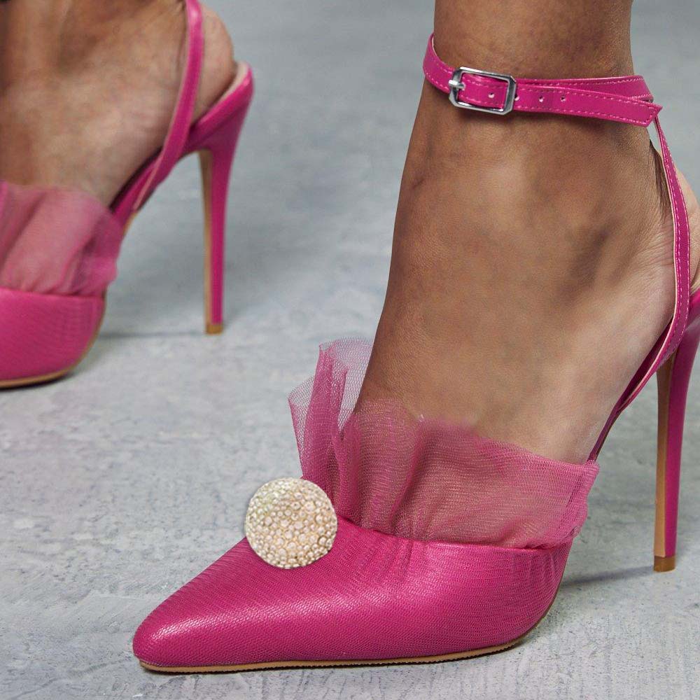 Fuchsia Pointed Toe Stiletto Heel Ankle Strap Slingback Pumps