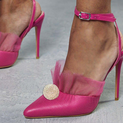 Fuchsia Pointed Toe Stiletto Heel Ankle Strap Slingback Pumps