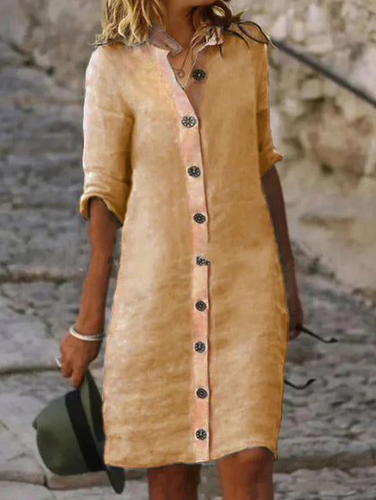 Casual Solid Single Breasted Half Sleeve Midi Dress