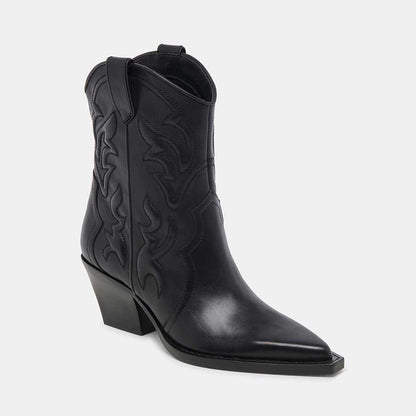 Fashion Pointed Toe Embroidered Ankle Length Cowgirl Boots in Black