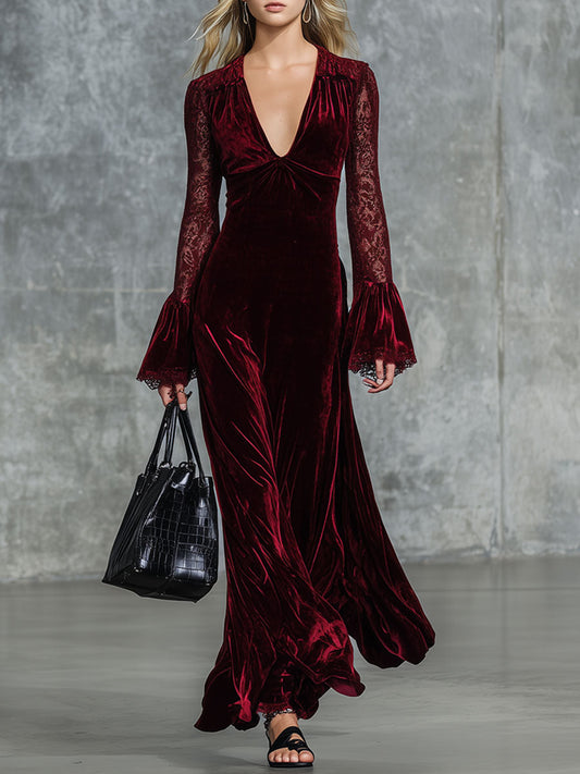 Fashion Retro Party Burgundy Velvet Lace Long Sleeve Maxi Dress
