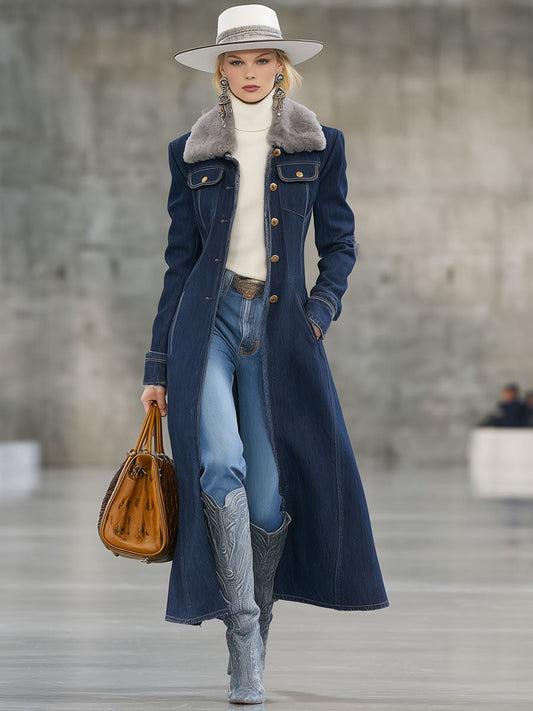 Fashion Retro Fur Collar And Fur Edge Dark Blue Denim Long Coat