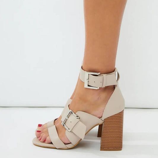 Beige Open-Toe Buckle Strap Chunky Heel Dress Sandals for Women