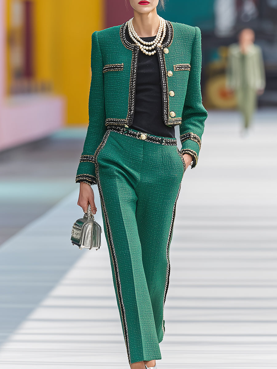 Elegant And Exquisite Green Tweed Short Jacket And Trousers Set