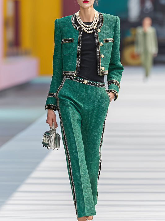 Elegant And Exquisite Green Tweed Short Jacket And Trousers Set