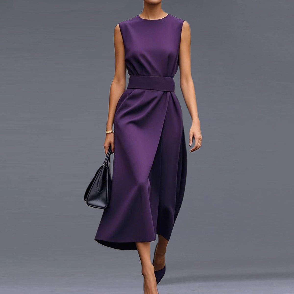 Formal Solid Round Neck Sleeveless Belt Midi Dress