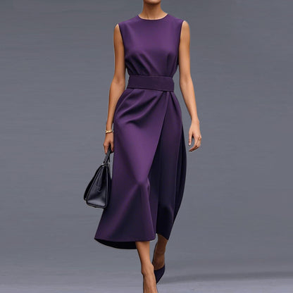 Formal Solid Round Neck Sleeveless Belt Midi Dress