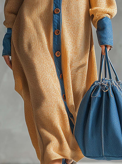Fashionable Loose Denim Trim Ginger Cardigan-style Knitted Maxi Dress