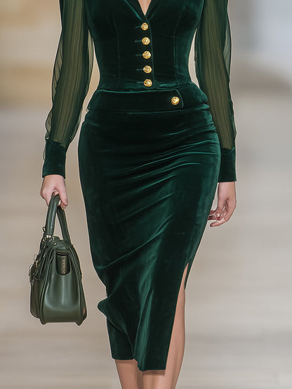 Elegant And Noble Gold Button Dark Green Velvet Slit Midi Dress