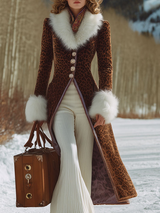 Fashion Retro Brown Leopard Velvet Faux Fur Collar Long Coat