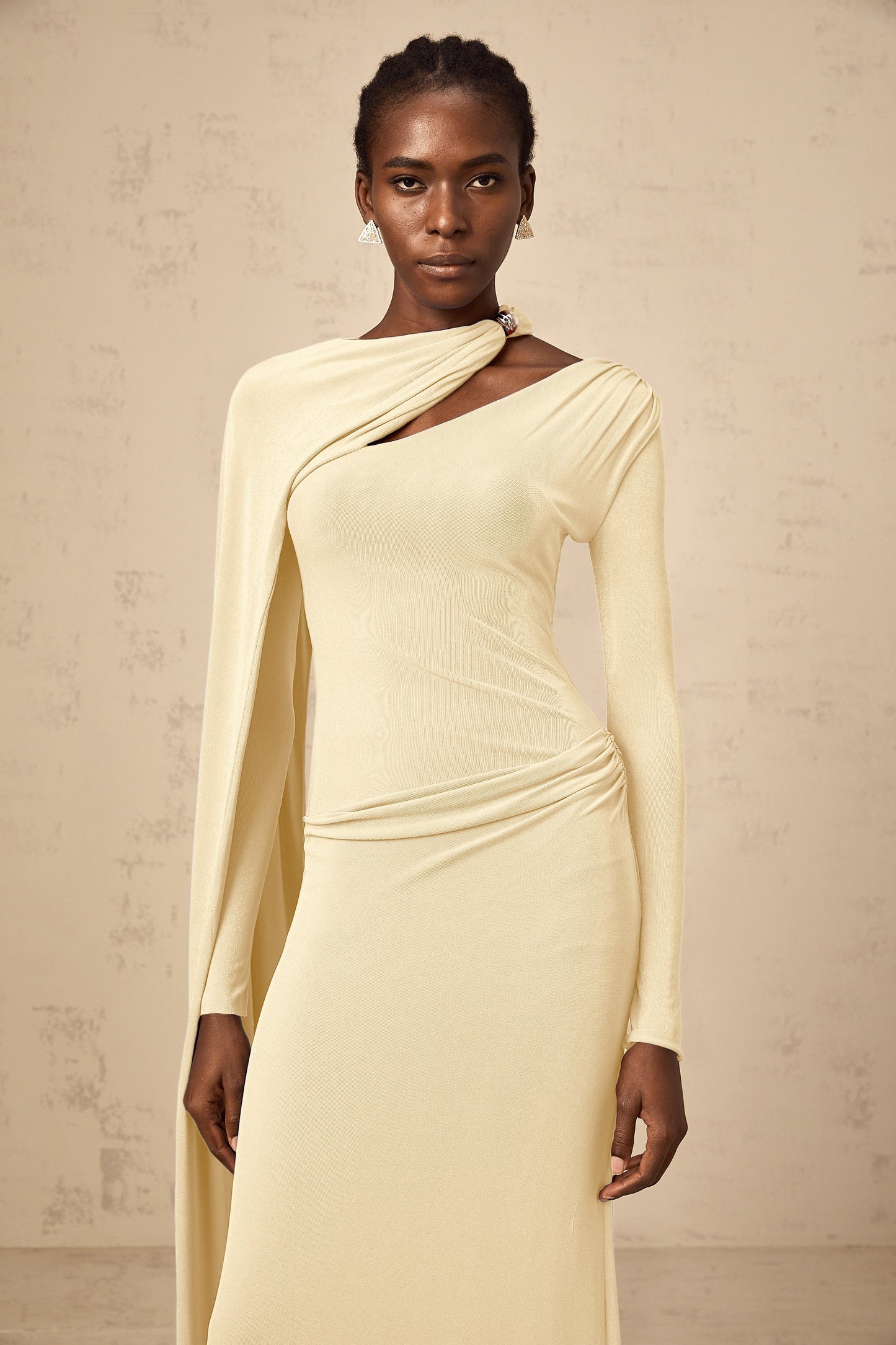 Josette Yellow Diagonal Shawl Fitted Maxi Dress