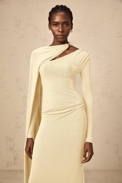Josette Yellow Diagonal Shawl Fitted Maxi Dress