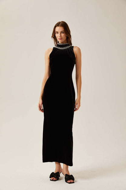 Colette black crystal-embellished velvet gown