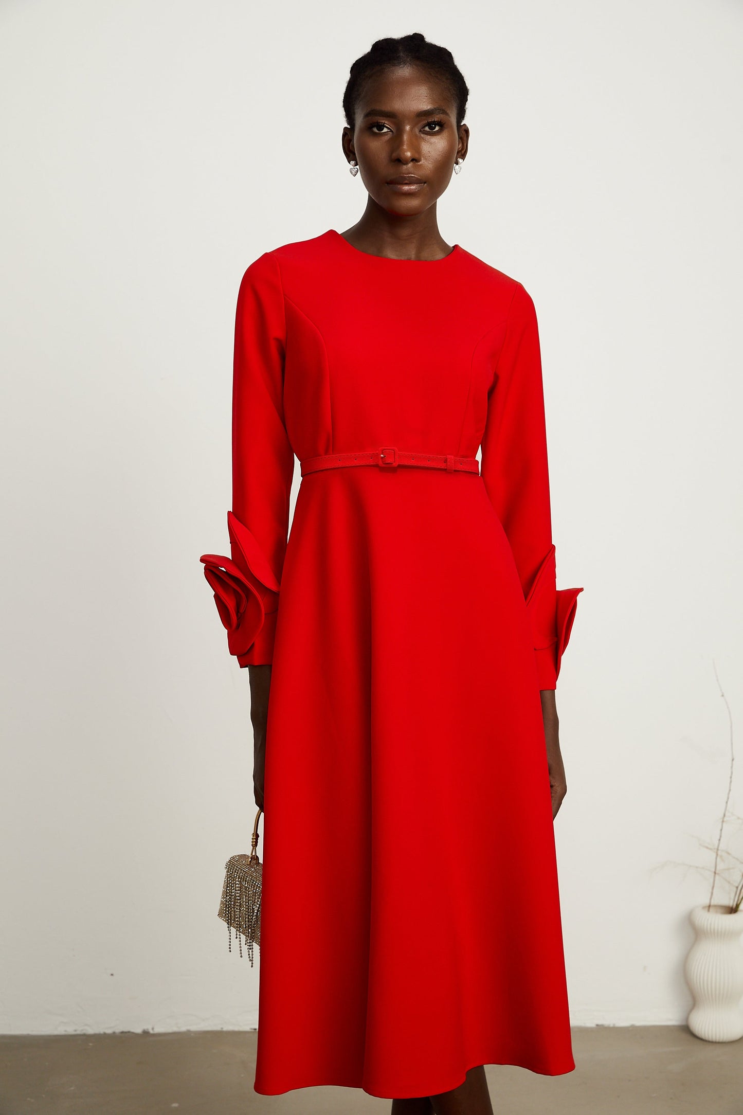 Aurelia red long-sleeve dress with floral embellishments