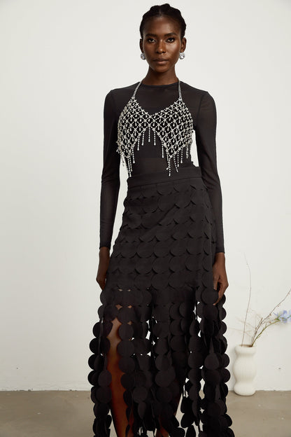 Hanna disc-design fringed maxi skirt in Black