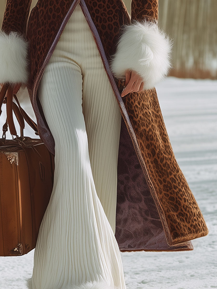 Fashion Retro Brown Leopard Velvet Faux Fur Collar Long Coat