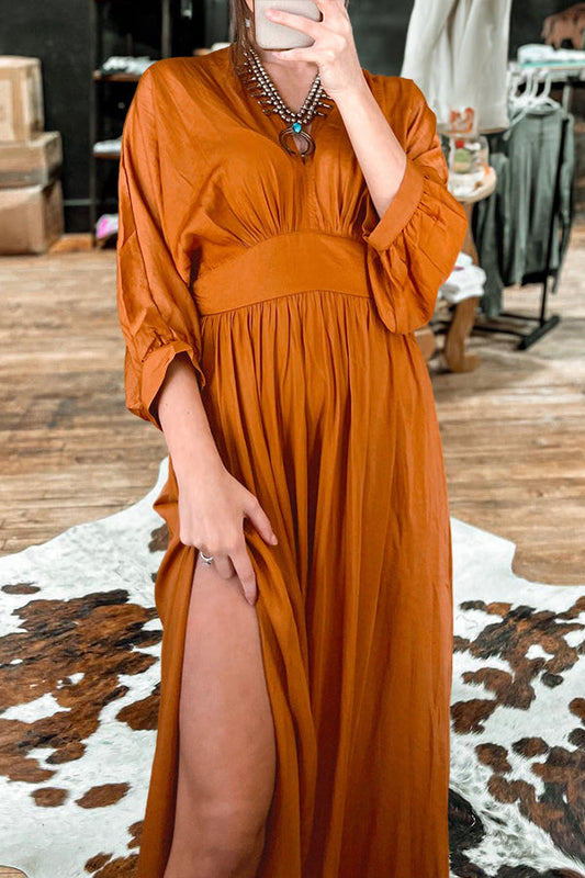 Retro V-neck 3/4 Sleeve Slit Maxi Dress