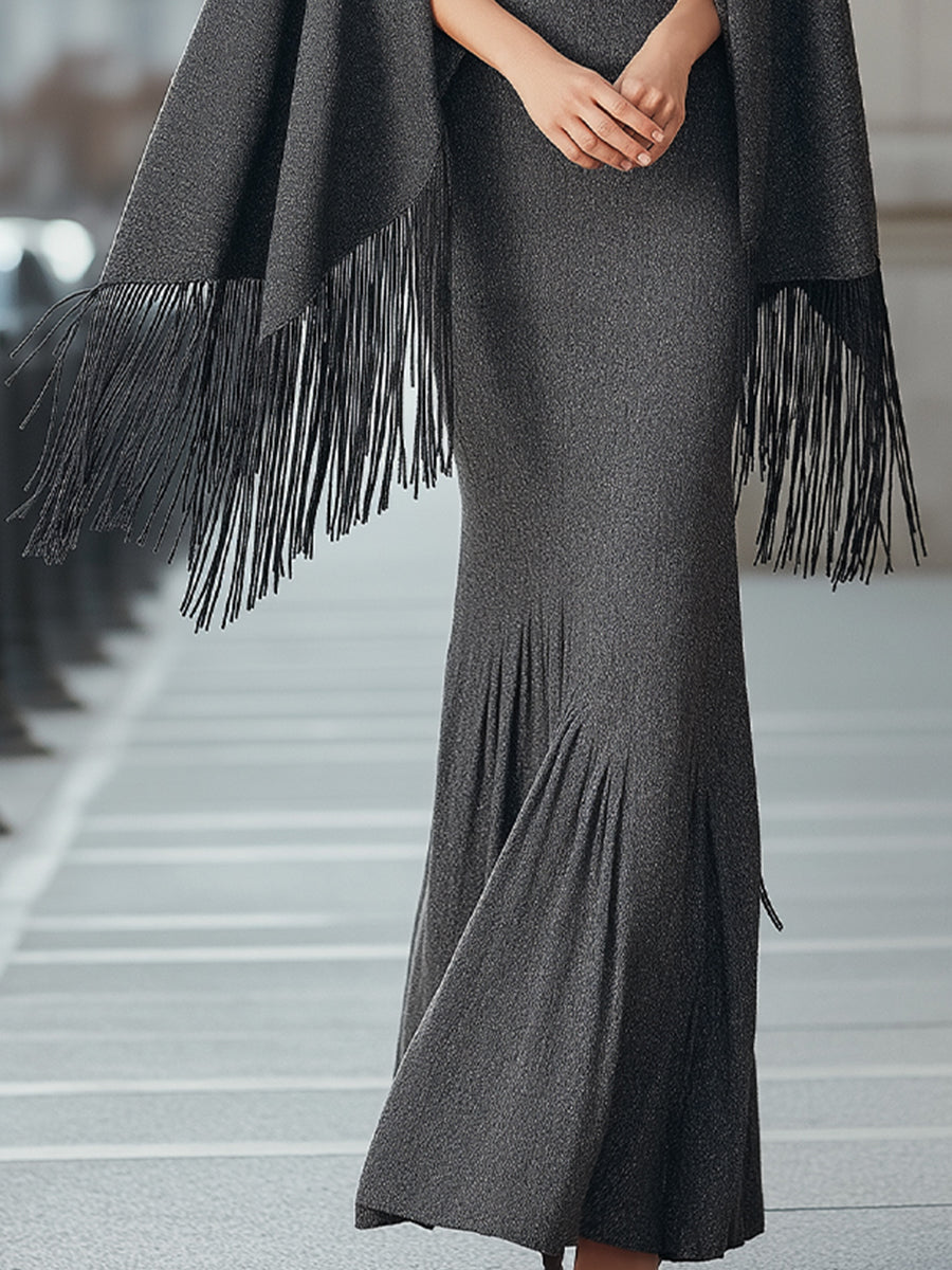 Elegant Fringe Cape And Maxi Dress Set